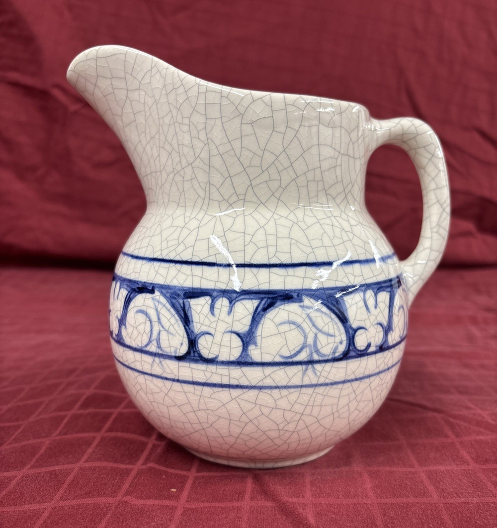 Potting Shed Dedham Pottery Milk Jug Pitcher Blue Rabbit Bunny 6.5"